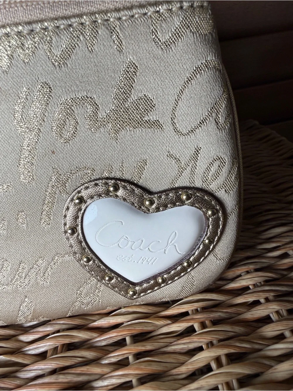 Coach Beige Script Wristlet with Heart Patch